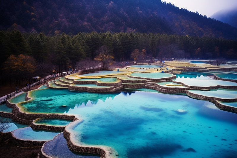 在森林山林之间的碧绿五彩池景点景区摄影背景,高清,摄影图,摄影图片,图片大全,摄影图免费下载
